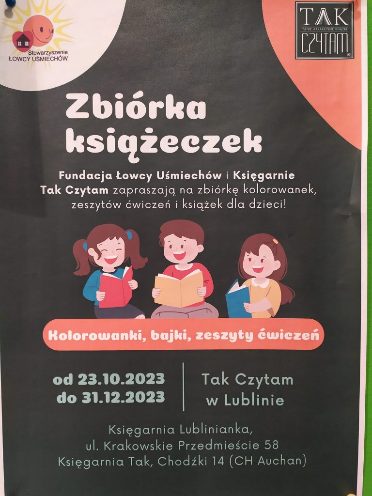 Fundacja Łowcy Uśmiechów i Księgarnie Tak Czytam zapraszają na zbiórkę kolorowanek, zeszytów ćwiczeń i książek dla dzieci!